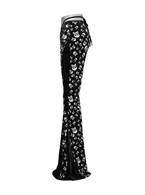 Unique Dark Personality Skull Print Sexy Waist Strap Design Slim Fit Gothic Style Flared Pants