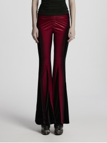 Elegant Black Red Gradient Print Retro Velvet Unique Patchwork Design Gothic Style Flared Pants