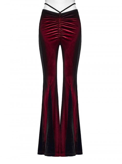 Elegant Black Red Gradient Print Retro Velvet Unique Patchwork Design Gothic Style Flared Pants