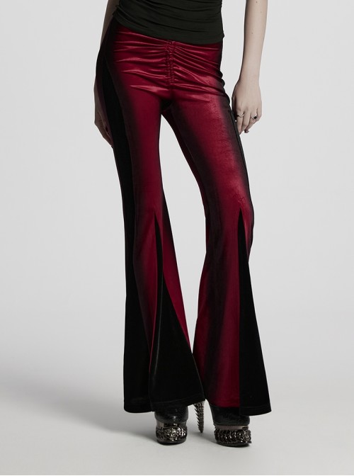 Elegant Black Red Gradient Print Retro Velvet Unique Patchwork Design Gothic Style Flared Pants