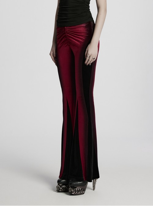 Elegant Black Red Gradient Print Retro Velvet Unique Patchwork Design Gothic Style Flared Pants