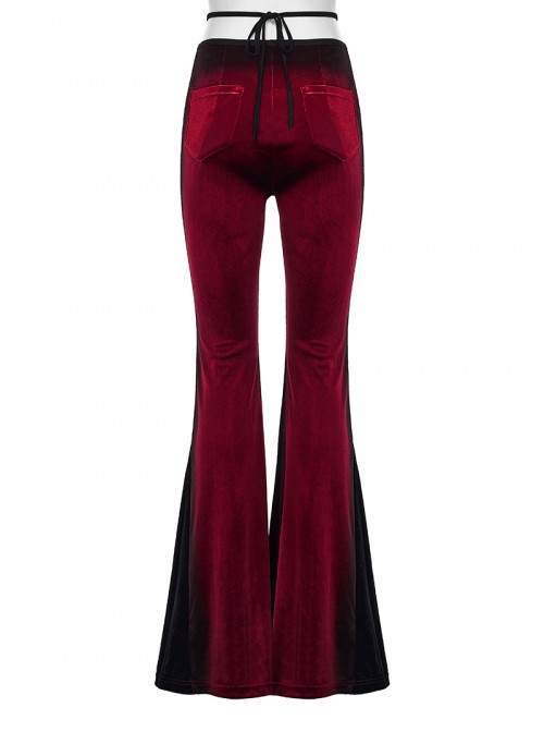 Elegant Black Red Gradient Print Retro Velvet Unique Patchwork Design Gothic Style Flared Pants