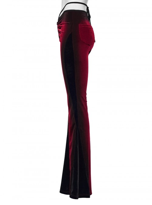 Elegant Black Red Gradient Print Retro Velvet Unique Patchwork Design Gothic Style Flared Pants