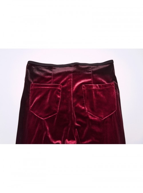 Elegant Black Red Gradient Print Retro Velvet Unique Patchwork Design Gothic Style Flared Pants