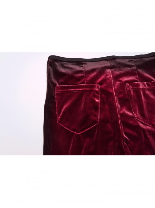 Elegant Black Red Gradient Print Retro Velvet Unique Patchwork Design Gothic Style Flared Pants
