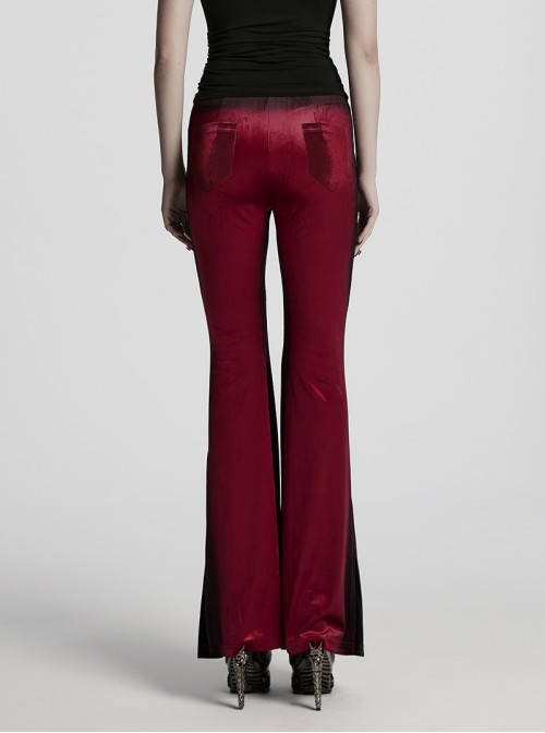 Elegant Black Red Gradient Print Retro Velvet Unique Patchwork Design Gothic Style Flared Pants