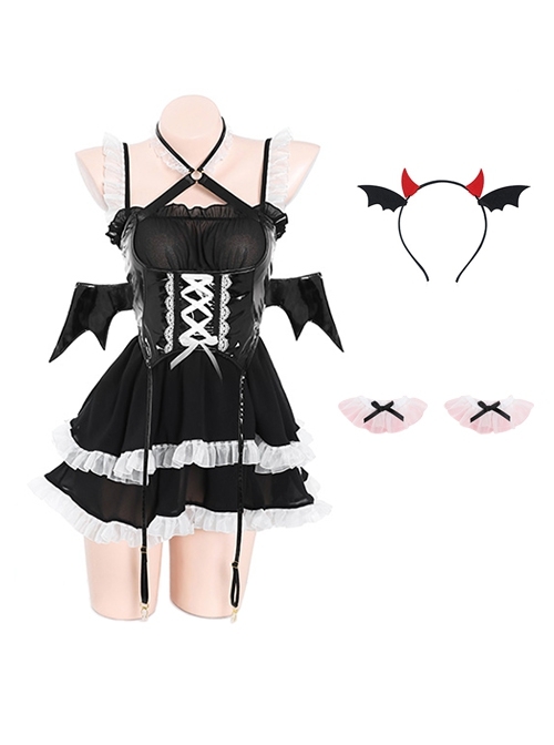Dark Night Succubus Cosplay Little Devil Black Patent Leather Girdle Lace Ruffles Halter Neck Dress Sexy Lingerie Set