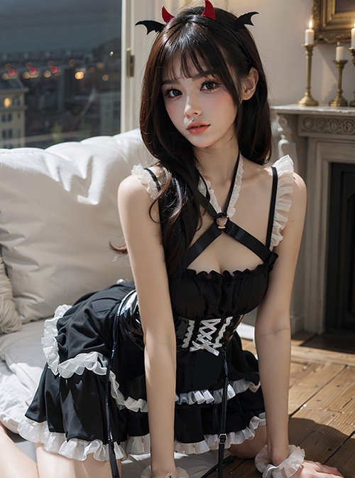 Dark Night Succubus Cosplay Little Devil Black Patent Leather Girdle Lace Ruffles Halter Neck Dress Sexy Lingerie Set
