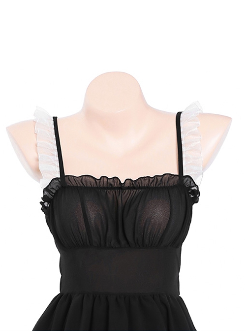Dark Night Succubus Cosplay Little Devil Black Patent Leather Girdle Lace Ruffles Halter Neck Dress Sexy Lingerie Set