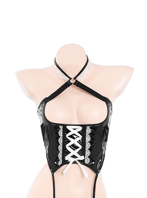 Dark Night Succubus Cosplay Little Devil Black Patent Leather Girdle Lace Ruffles Halter Neck Dress Sexy Lingerie Set