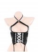 Dark Night Succubus Cosplay Little Devil Black Patent Leather Girdle Lace Ruffles Halter Neck Dress Sexy Lingerie Set
