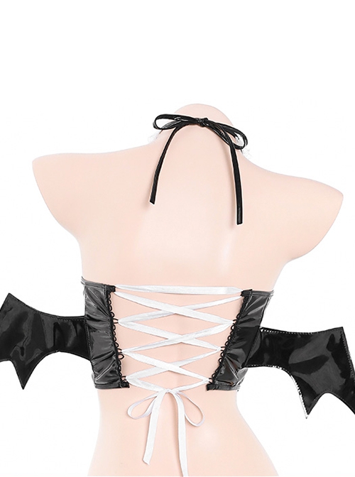 Dark Night Succubus Cosplay Little Devil Black Patent Leather Girdle Lace Ruffles Halter Neck Dress Sexy Lingerie Set