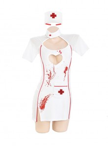 Dark Night Little Nurse Front Chest Fan-Shaped Hollow Side Tulle Splicing Printed White Nurse Costume Halloween Cosplay Sexy Lingerie Set