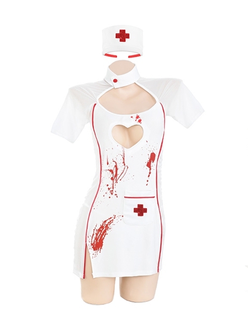 Dark Night Little Nurse Front Chest Fan-Shaped Hollow Side Tulle Splicing Printed White Nurse Costume Halloween Cosplay Sexy Lingerie Set