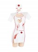 Dark Night Little Nurse Front Chest Fan-Shaped Hollow Side Tulle Splicing Printed White Nurse Costume Halloween Cosplay Sexy Lingerie Set