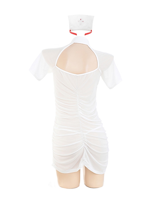 Dark Night Little Nurse Front Chest Fan-Shaped Hollow Side Tulle Splicing Printed White Nurse Costume Halloween Cosplay Sexy Lingerie Set
