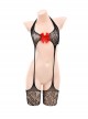 Chest Bow Decoration Jacquard Fishnet Garter One-Piece Open Crotch Hollow Body Stockings Sexy Lingerie