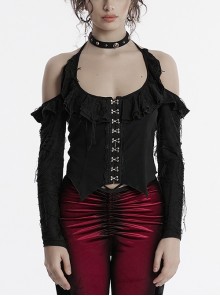 Sexy Daily Black Ruffled Halter Neck Off Shoulder Design Chest Lace Metal Button Decoration Gothic Style T Shirt