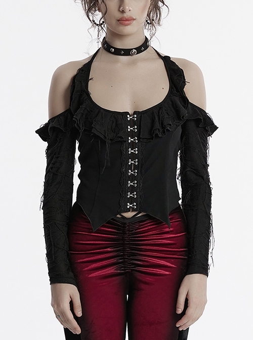 Sexy Daily Black Ruffled Halter Neck Off Shoulder Design Chest Lace Metal Button Decoration Gothic Style T Shirt