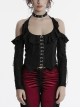Sexy Daily Black Ruffled Halter Neck Off Shoulder Design Chest Lace Metal Button Decoration Gothic Style T Shirt