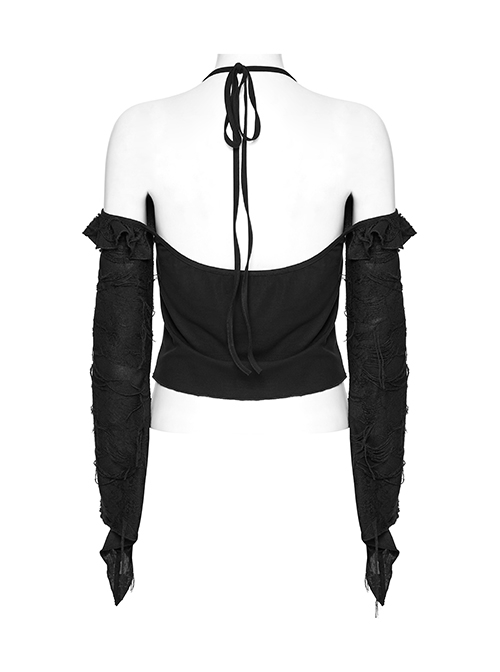 Sexy Daily Black Ruffled Halter Neck Off Shoulder Design Chest Lace Metal Button Decoration Gothic Style T Shirt