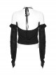 Sexy Daily Black Ruffled Halter Neck Off Shoulder Design Chest Lace Metal Button Decoration Gothic Style T Shirt
