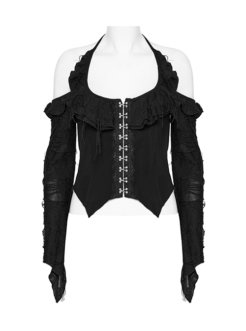 Sexy Daily Black Ruffled Halter Neck Off Shoulder Design Chest Lace Metal Button Decoration Gothic Style T Shirt