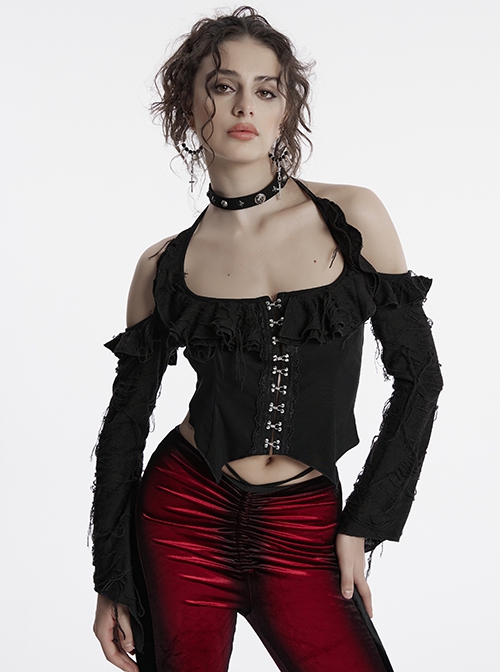 Sexy Daily Black Ruffled Halter Neck Off Shoulder Design Chest Lace Metal Button Decoration Gothic Style T Shirt