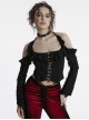 Sexy Daily Black Ruffled Halter Neck Off Shoulder Design Chest Lace Metal Button Decoration Gothic Style T Shirt