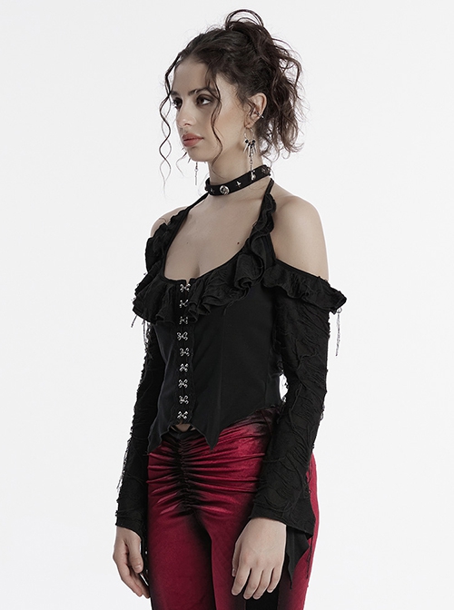 Sexy Daily Black Ruffled Halter Neck Off Shoulder Design Chest Lace Metal Button Decoration Gothic Style T Shirt
