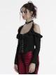 Sexy Daily Black Ruffled Halter Neck Off Shoulder Design Chest Lace Metal Button Decoration Gothic Style T Shirt