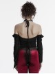 Sexy Daily Black Ruffled Halter Neck Off Shoulder Design Chest Lace Metal Button Decoration Gothic Style T Shirt