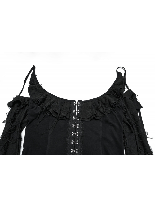 Sexy Daily Black Ruffled Halter Neck Off Shoulder Design Chest Lace Metal Button Decoration Gothic Style T Shirt