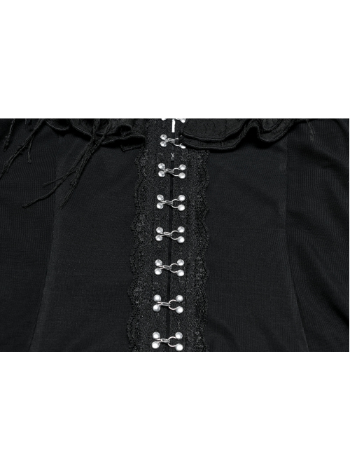 Sexy Daily Black Ruffled Halter Neck Off Shoulder Design Chest Lace Metal Button Decoration Gothic Style T Shirt