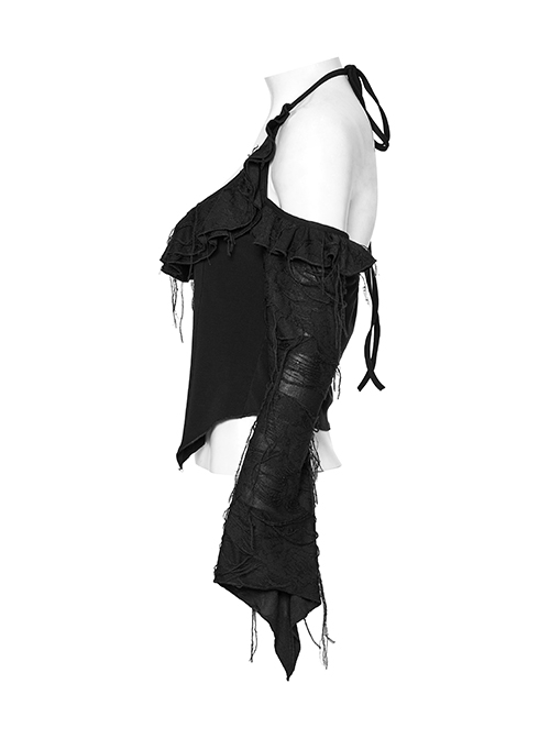 Sexy Daily Black Ruffled Halter Neck Off Shoulder Design Chest Lace Metal Button Decoration Gothic Style T Shirt