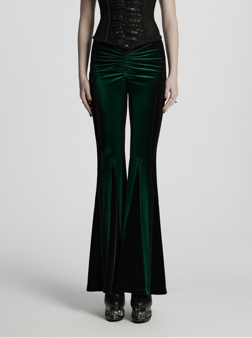 Elegant Green Gradient Print Luxury Velvet Sexy Waist Straps Irregular Stitching Design Gothic Style Flared Pants