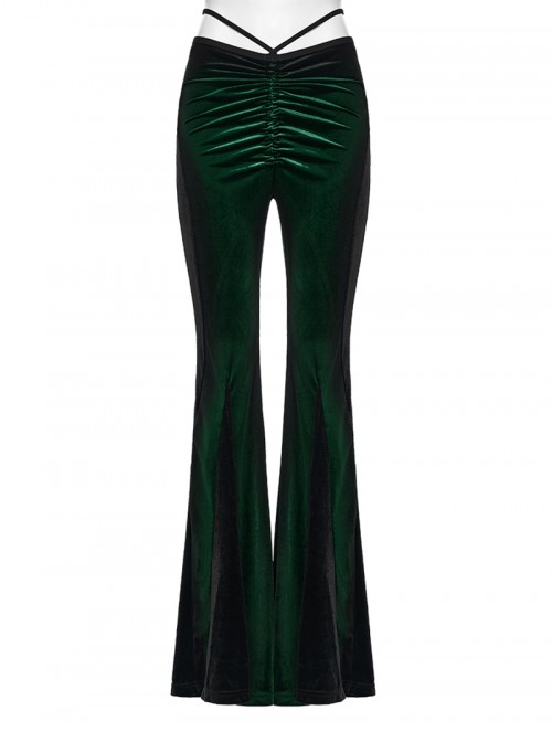 Elegant Green Gradient Print Luxury Velvet Sexy Waist Straps Irregular Stitching Design Gothic Style Flared Pants