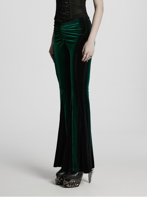 Elegant Green Gradient Print Luxury Velvet Sexy Waist Straps Irregular Stitching Design Gothic Style Flared Pants