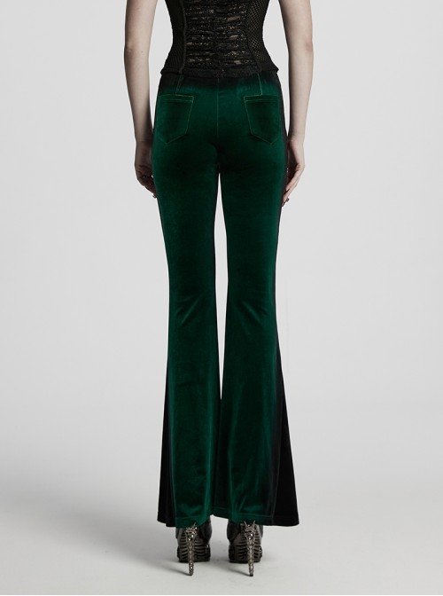 Elegant Green Gradient Print Luxury Velvet Sexy Waist Straps Irregular Stitching Design Gothic Style Flared Pants