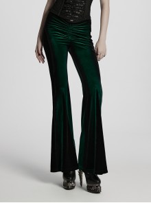 Elegant Green Gradient Print Luxury Velvet Sexy Waist Straps Irregular Stitching Design Gothic Style Flared Pants