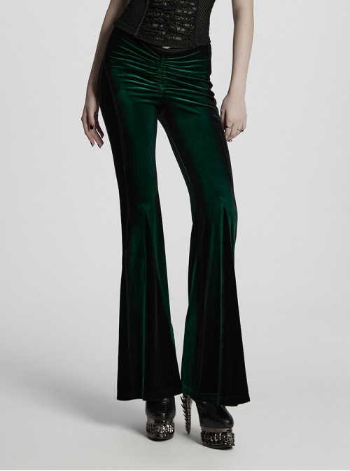 Elegant Green Gradient Print Luxury Velvet Sexy Waist Straps Irregular Stitching Design Gothic Style Flared Pants