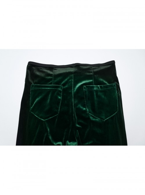Elegant Green Gradient Print Luxury Velvet Sexy Waist Straps Irregular Stitching Design Gothic Style Flared Pants