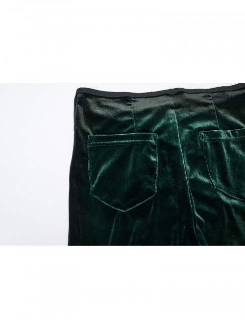 Elegant Green Gradient Print Luxury Velvet Sexy Waist Straps Irregular Stitching Design Gothic Style Flared Pants