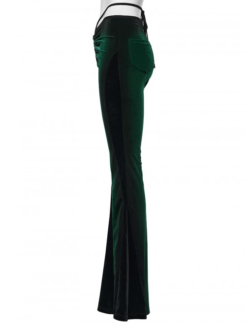 Elegant Green Gradient Print Luxury Velvet Sexy Waist Straps Irregular Stitching Design Gothic Style Flared Pants