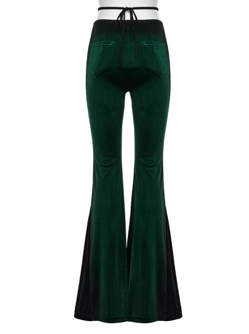 Elegant Green Gradient Print Luxury Velvet Sexy Waist Straps Irregular Stitching Design Gothic Style Flared Pants