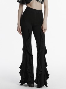 Retro Elegant Black Ruffled Fishtail Hem Daily Versatile Slim Fit Gothic Style Flared Pants