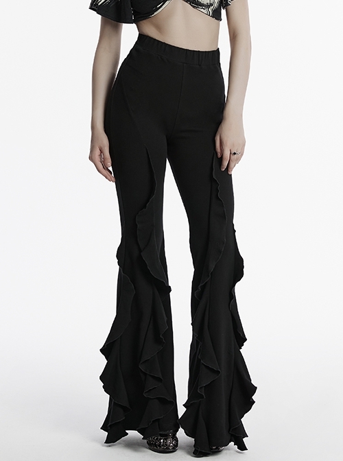 Retro Elegant Black Ruffled Fishtail Hem Daily Versatile Slim Fit  Gothic Style Flared Pants