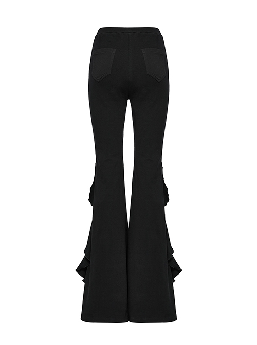 Retro Elegant Black Ruffled Fishtail Hem Daily Versatile Slim Fit  Gothic Style Flared Pants
