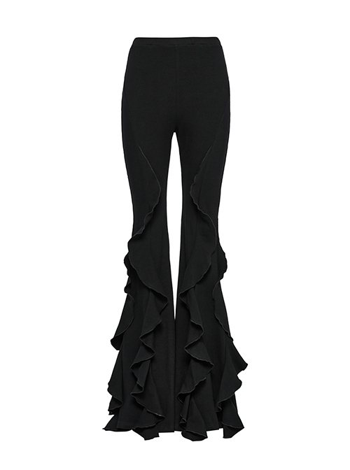 Retro Elegant Black Ruffled Fishtail Hem Daily Versatile Slim Fit  Gothic Style Flared Pants