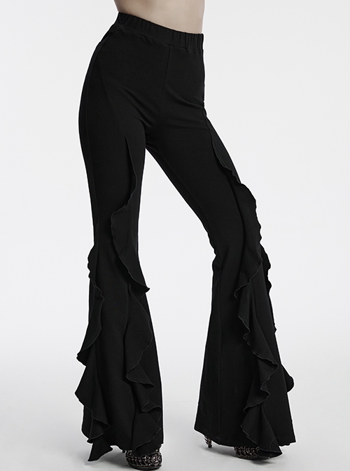 Retro Elegant Black Ruffled Fishtail Hem Daily Versatile Slim Fit  Gothic Style Flared Pants